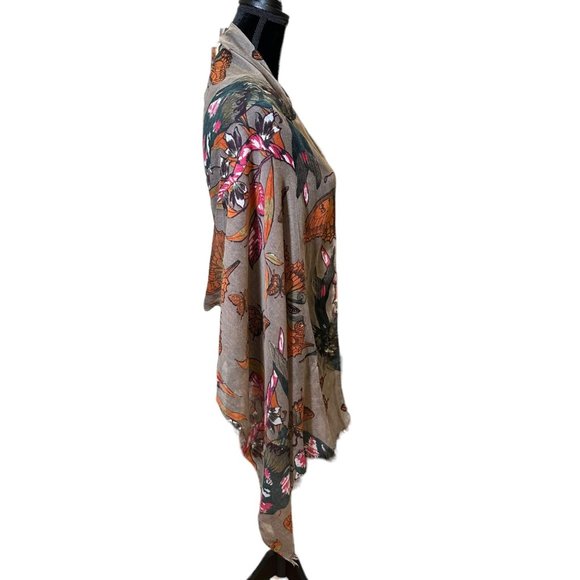 Unbranded Scarf Womens Long Rectangle Bird Butterfly Brown Green Fringe - Picture 4 of 9